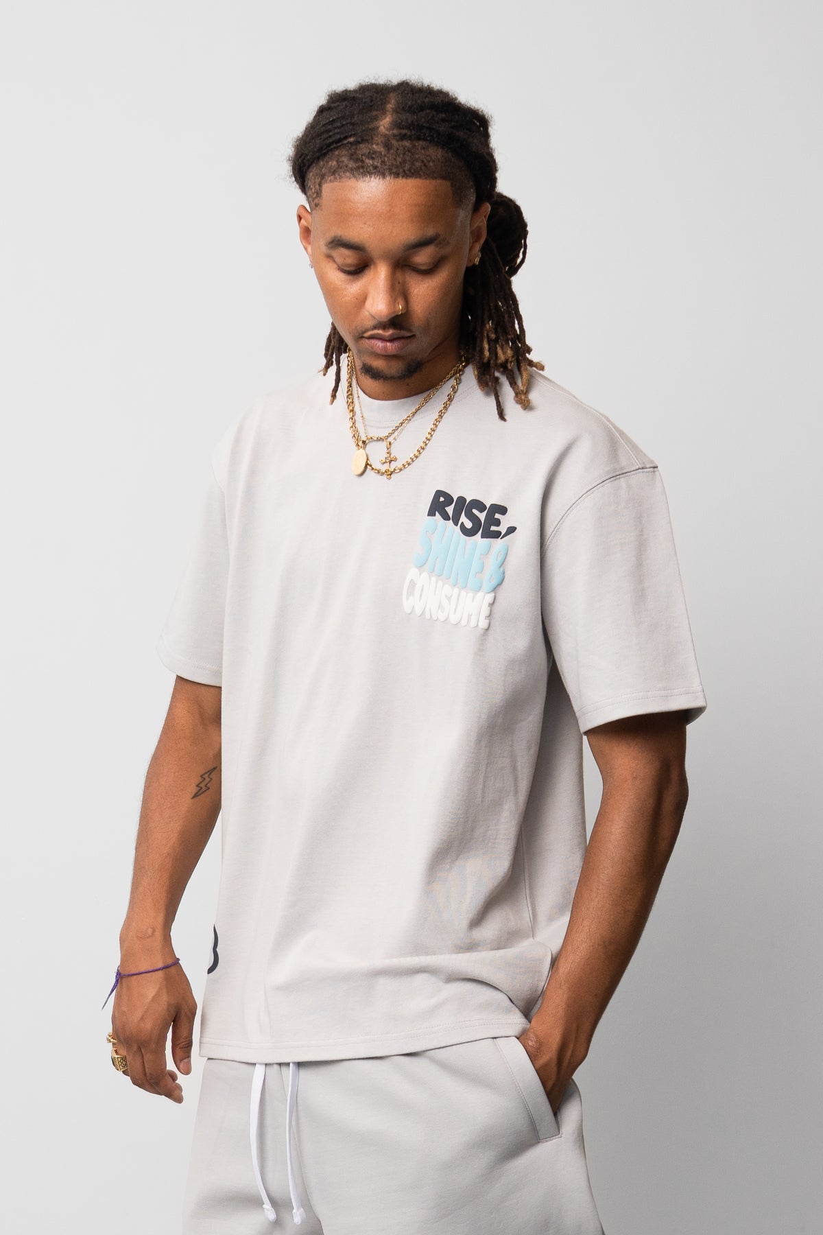Rise, Shine & Consume T-Shirt - Grey/Blue
