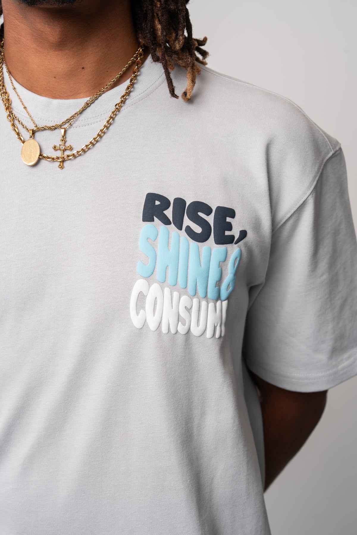 Rise, Shine & Consume T-Shirt - Grey/Blue